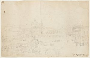 ケサルテナンゴのプラザ、1840年（クリーム色の紙の上にグラファイト） 作： Frederick Catherwood